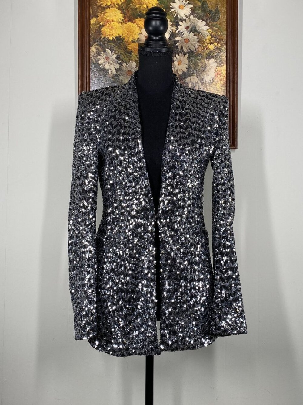 Zara Sequined Shiny Blazer Jacket Women's Small Silver Black Casual